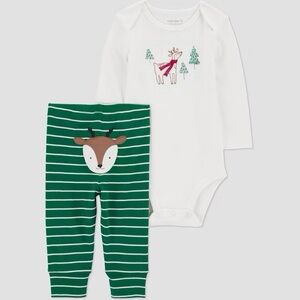 Carter's nwt Baby Christmas 2pc Striped Reindeer Top & Bottom Set - Green